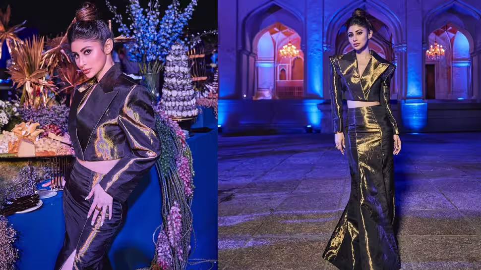 Mouni Roy stuns in golden ensemble, opening a glamorous fashion event in Hyderabad.